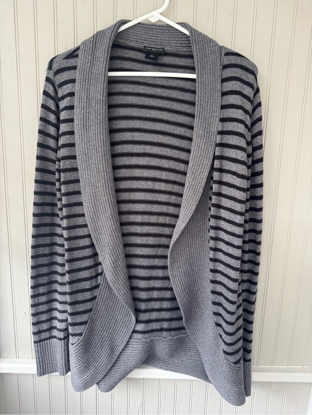 Ann Taylor Gray and Black Striped Shawl Collar Cardigan - L